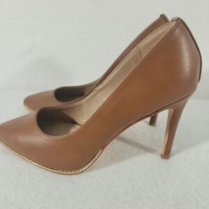 BCBGeneration Hallix Cognac Brown Gold  Trim Pointed Toe Pump Workwear Heel 8M